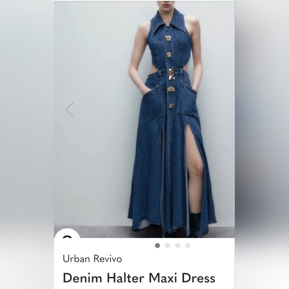 Urban Revivo Blue Denim Halter Maxi Dress